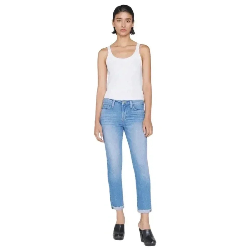 FRAME Le Garcon Cuffed Raw Hem Boyfriend Jeans Deepwater Wash Size 28